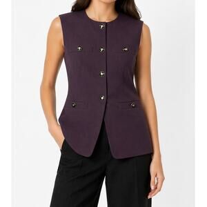 NEW Rachel Zoe Plum Collarless Front Button Tailored Longline Vest Blazer Jacket